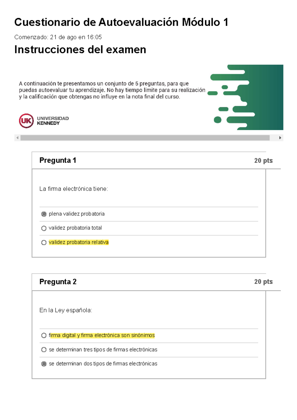 Examen Cuestionario De Autoevaluación Módulo 1 - Cuestionario De ...