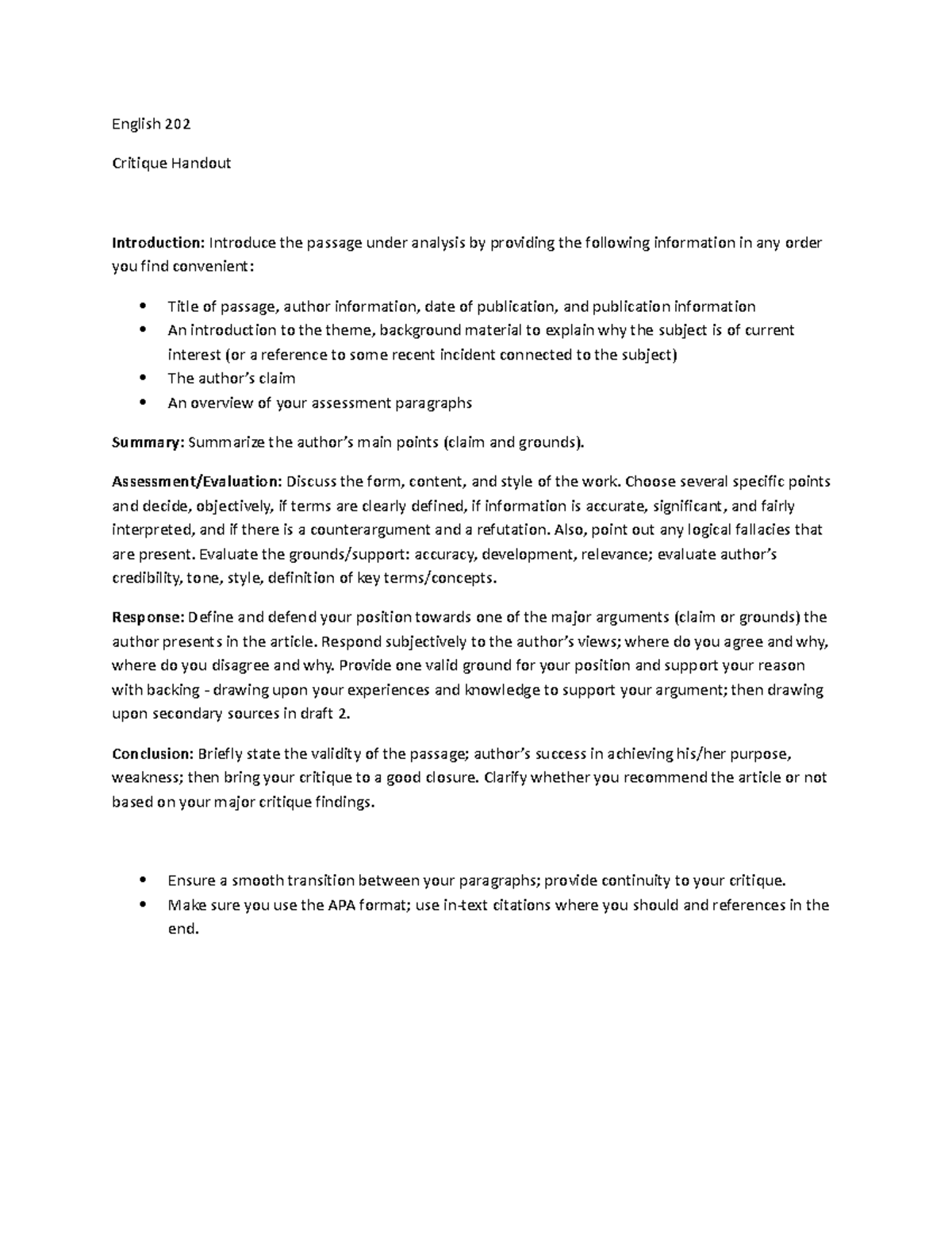English 202 critique - English 202 Critique Handout Introduction ...