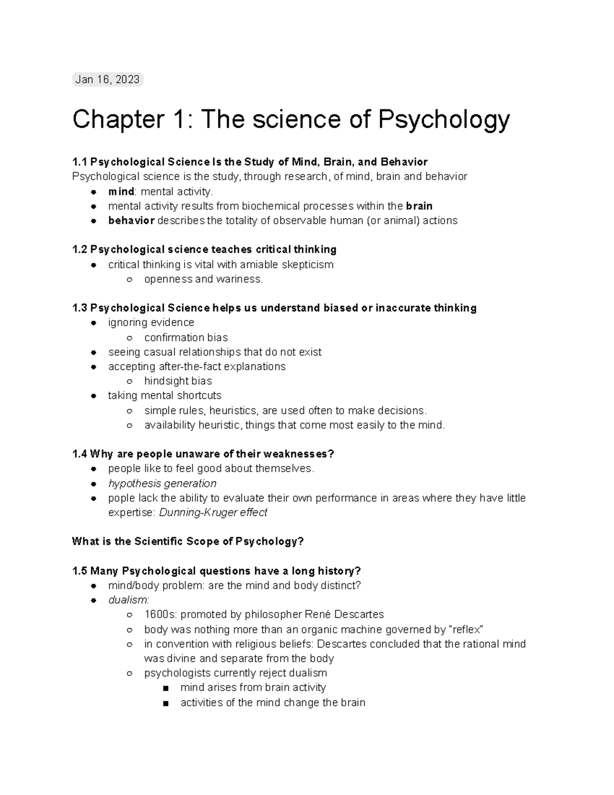 Intro to Exp Psych reading - Jan 16, 2023 Chapter 1: The science of ...