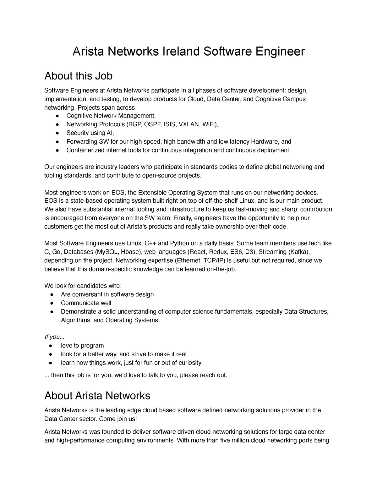 Software Engineer Job Description 2023 Arista Networks Ireland   Thumb 1200 1553 