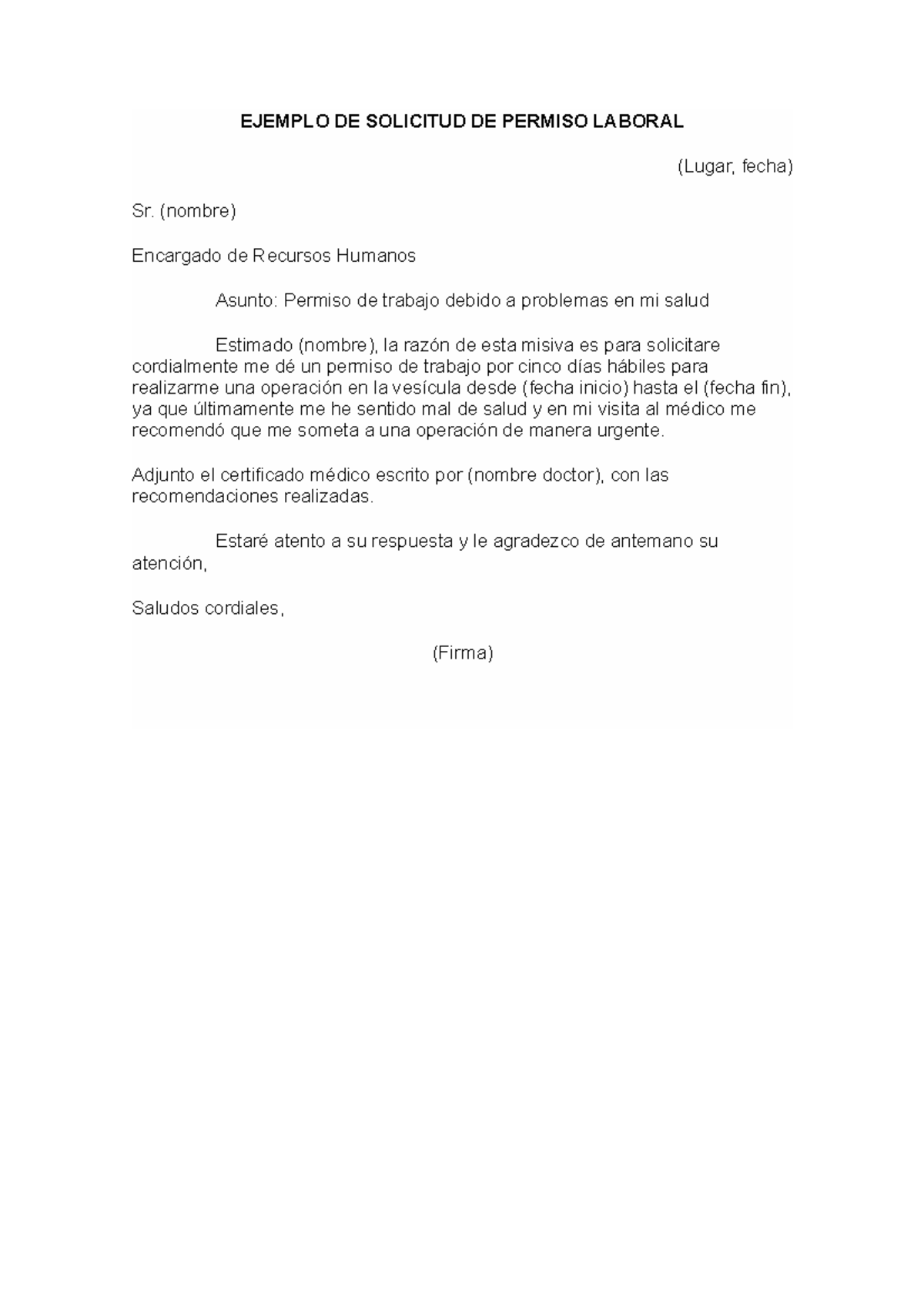 Ejemplo De Solicitud De Permiso Laboral Ejemplo De Solicitud De Permiso Laboral Lugar Fecha