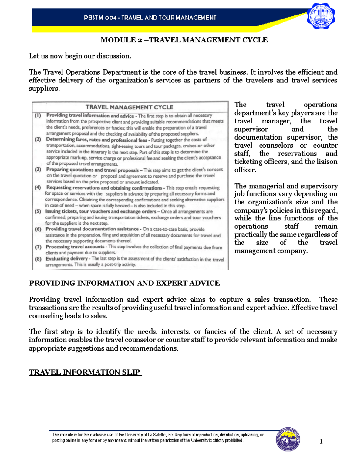 Module 2 Travel Management Cycle - The Module Is For The Exclusive Use ...