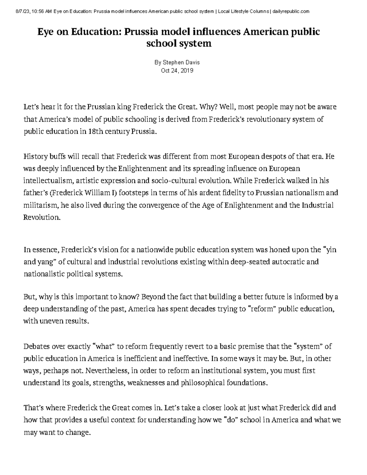 Copy of Eye on Education Prussia model influences American public