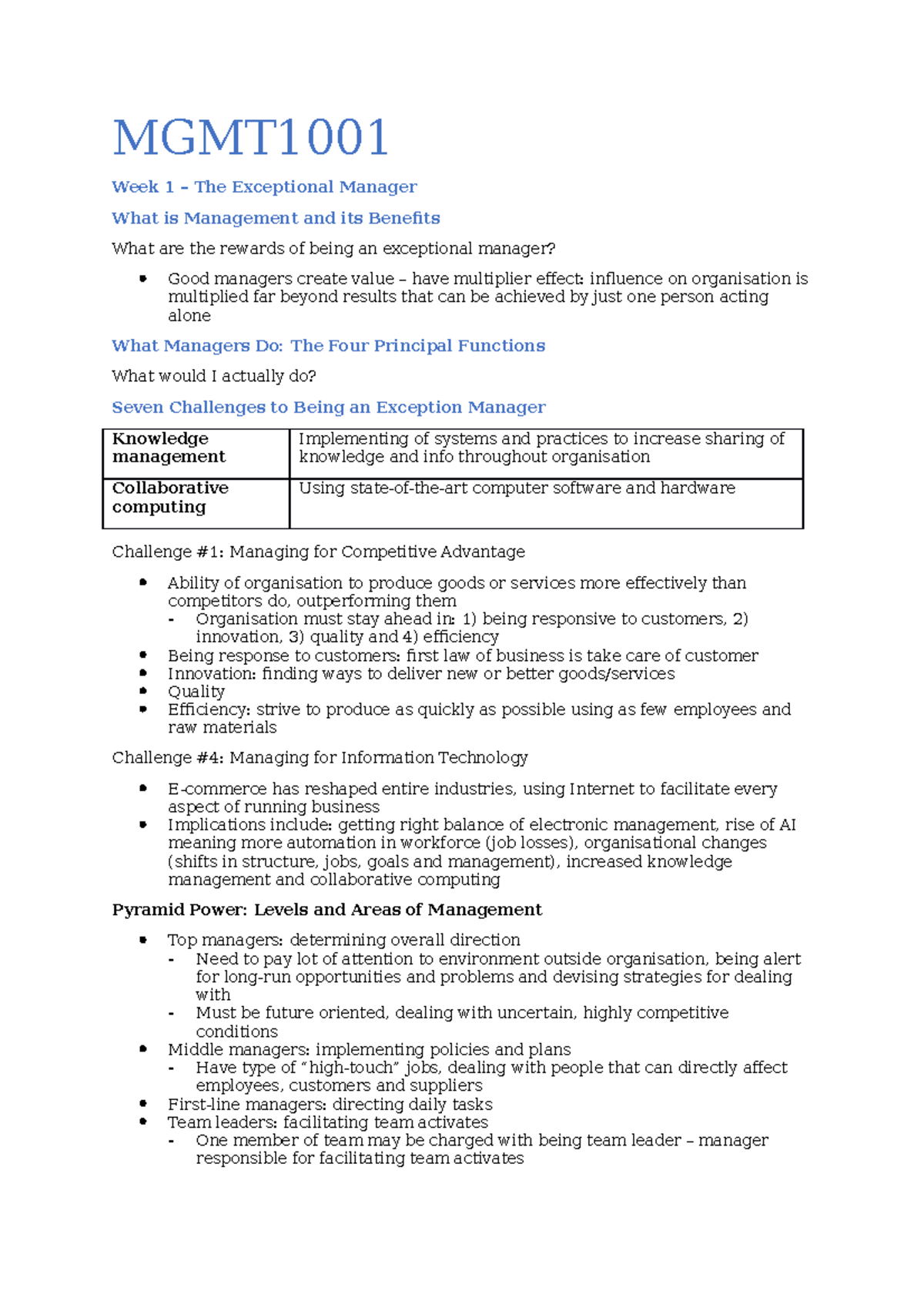 MGMT1001 Full Set of Lecture Notes - MGMT Week 1 – The Exceptional ...
