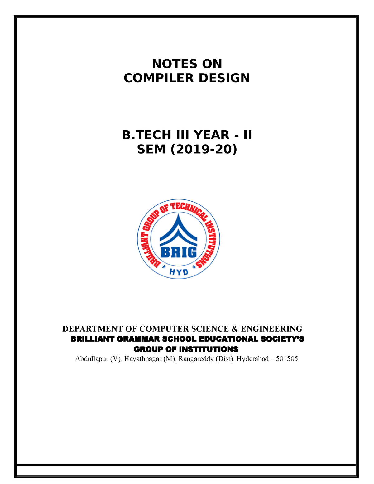 Compiler Design Notes - NOTES ON COMPILER DESIGN B III YEAR - II SEM ...