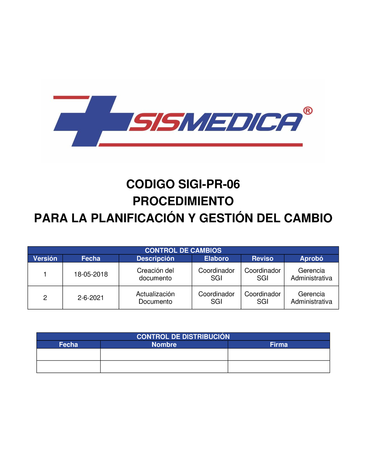 SIGI-PR-06 Procedimiento PARA LA Planificación Y Gestión DEL Cambio ...