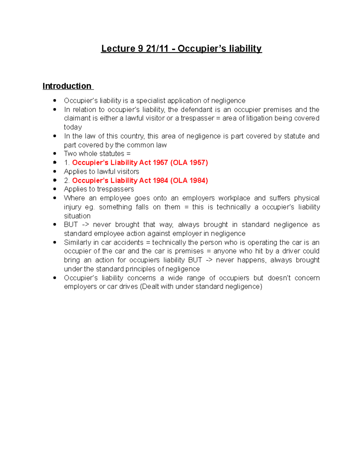 Lecture 9 Occupier's Liability PART 1 - Lecture 9 21/11 - Occupier’s ...