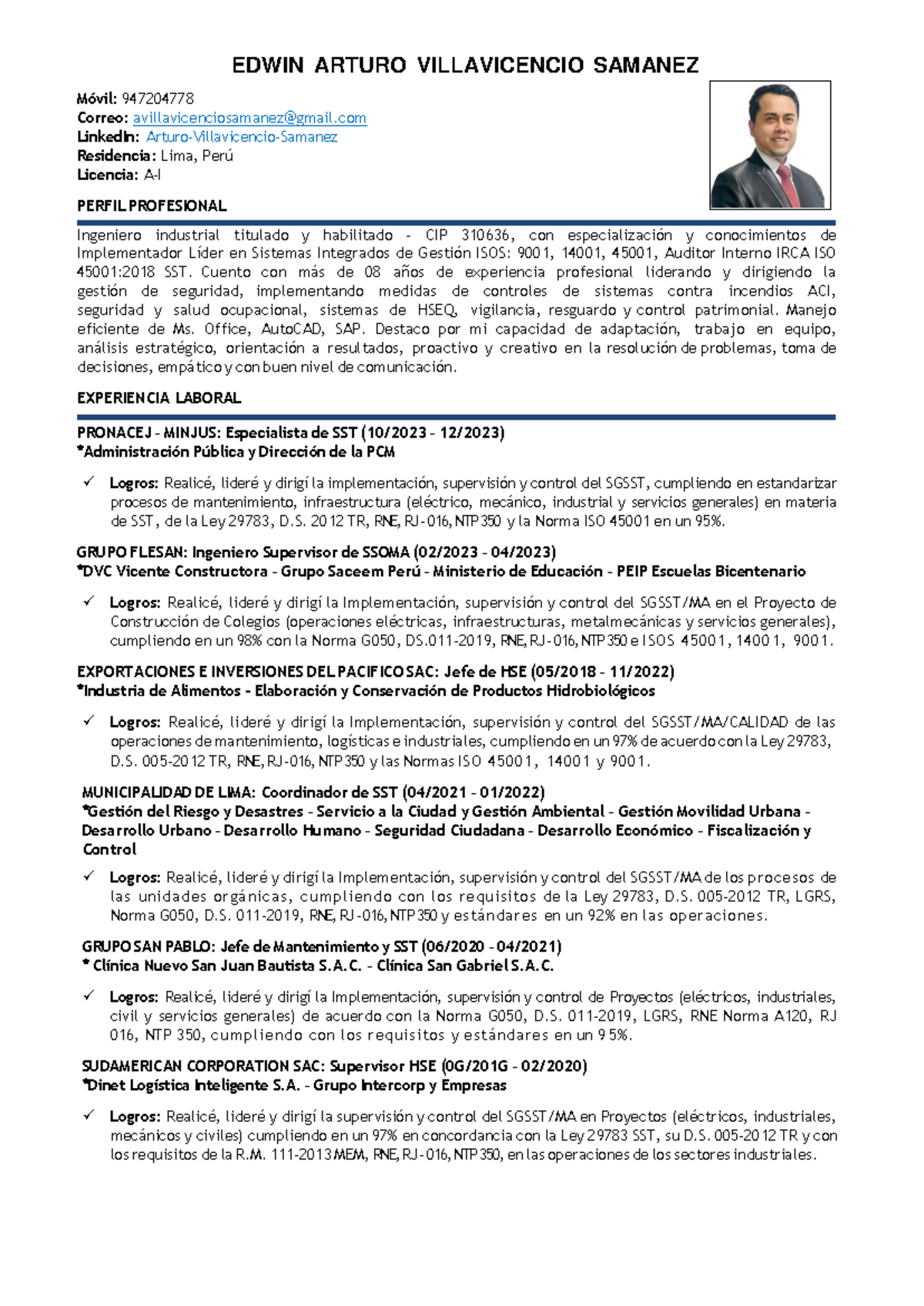 CV Arturo Villavicencio Samanez Seguridad Operaciones - Móvil ...