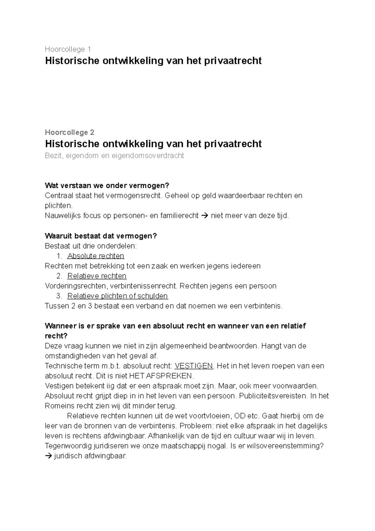 Hoorcollege Historische Ontwikkeling Privaatrecht Hoorcollege 1