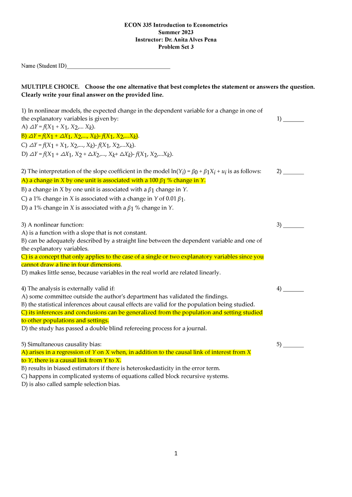 335hw3 - Econometrics Taught By Csu Uni - Econ 335 Introduction To 