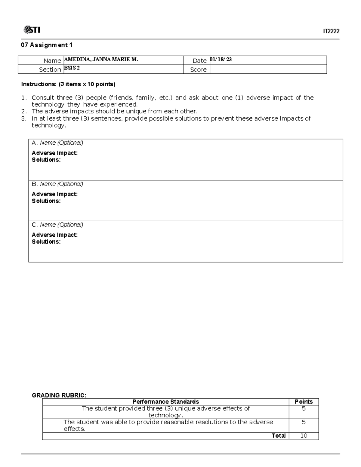 07 Assignment 1 - 07 Assignment 1 IT Name AMEDINA, JANNA MARIE M. Date ...