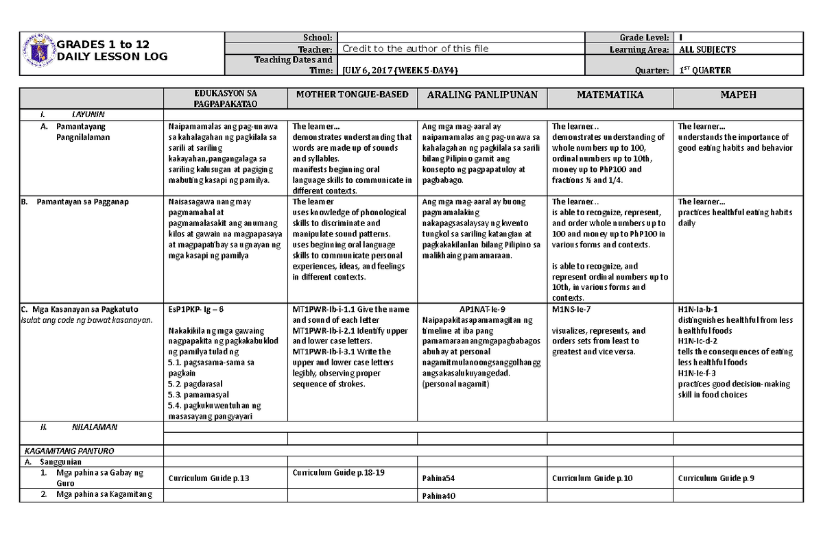 DLL ALL Subjects 1 Q1 W5 D4 - GRADES 1 to 12 DAILY LESSON LOG School ...