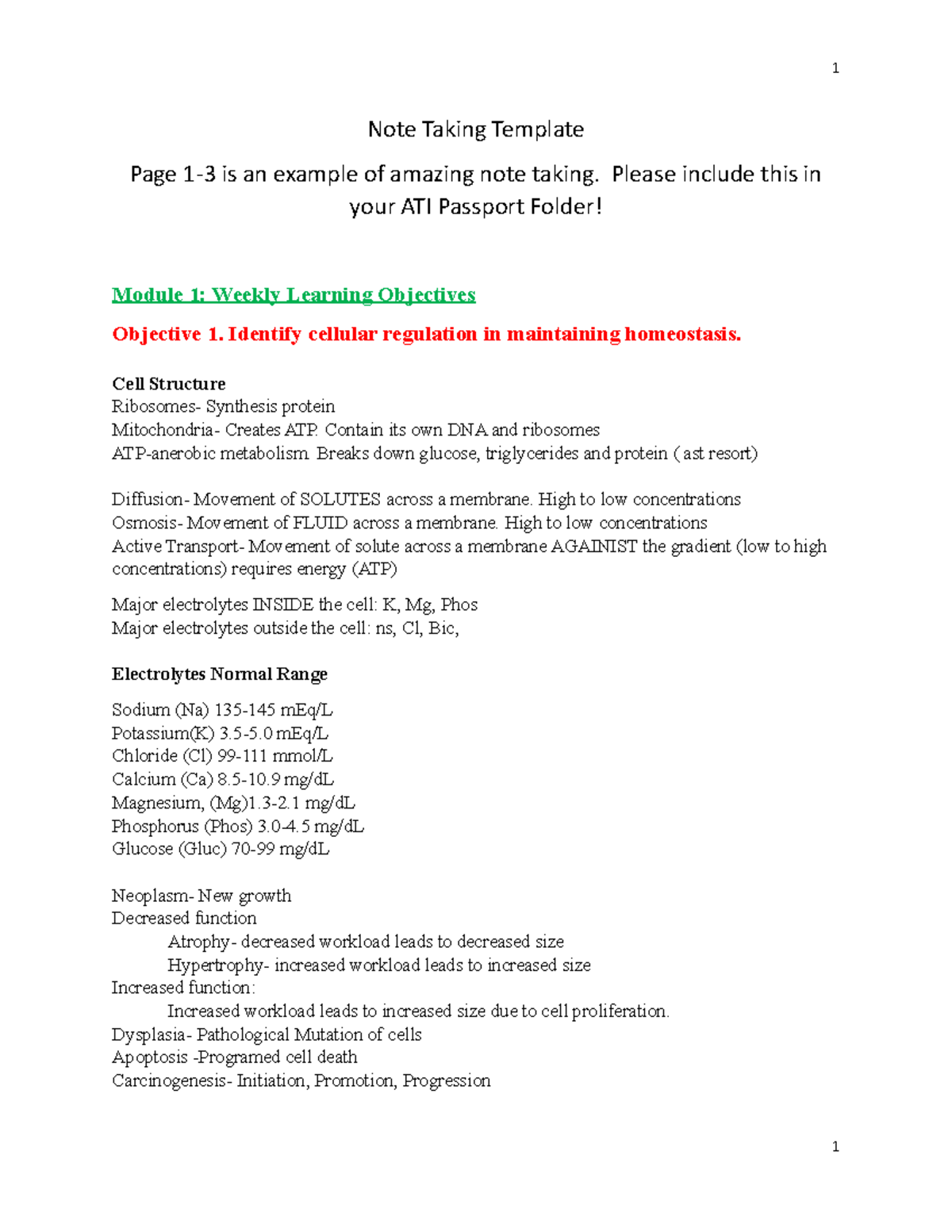 MDC 1 Note Taking Template with Modular Objectives - Note Taking ...