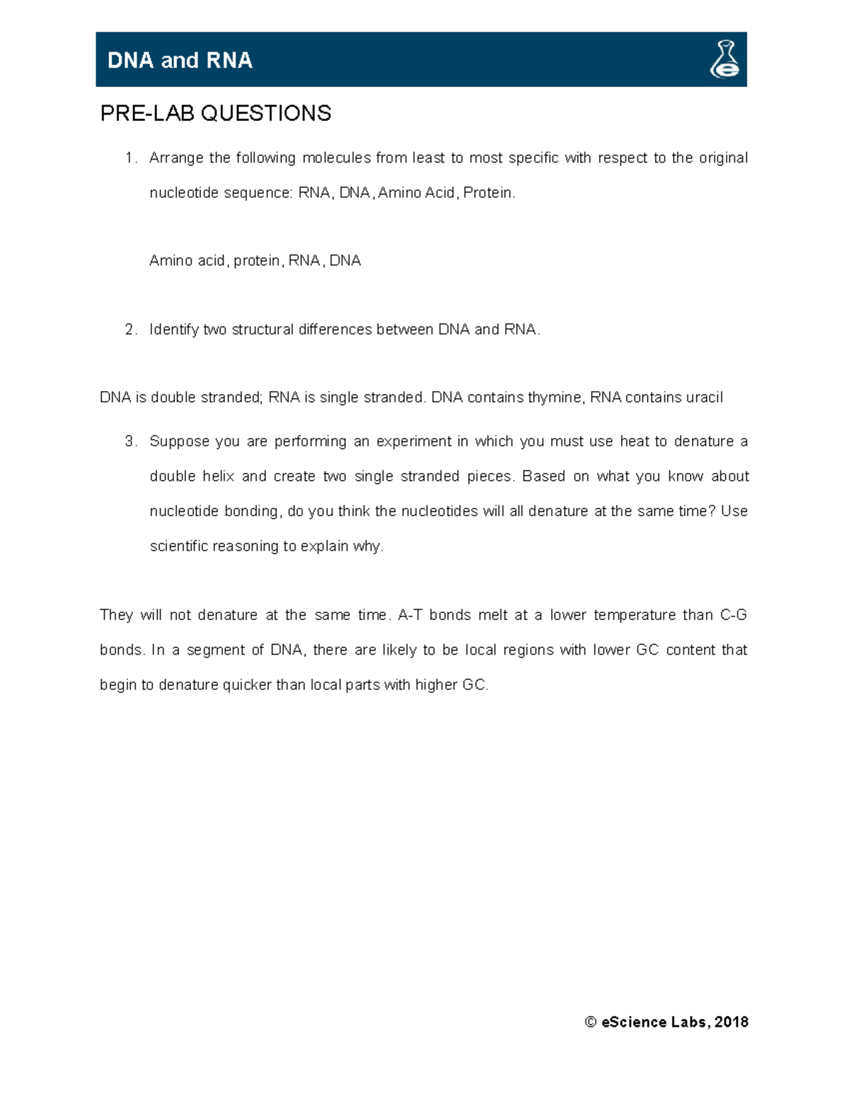 Escience DNA and RNA esciecne content regarding DNA and RNA PRELAB
