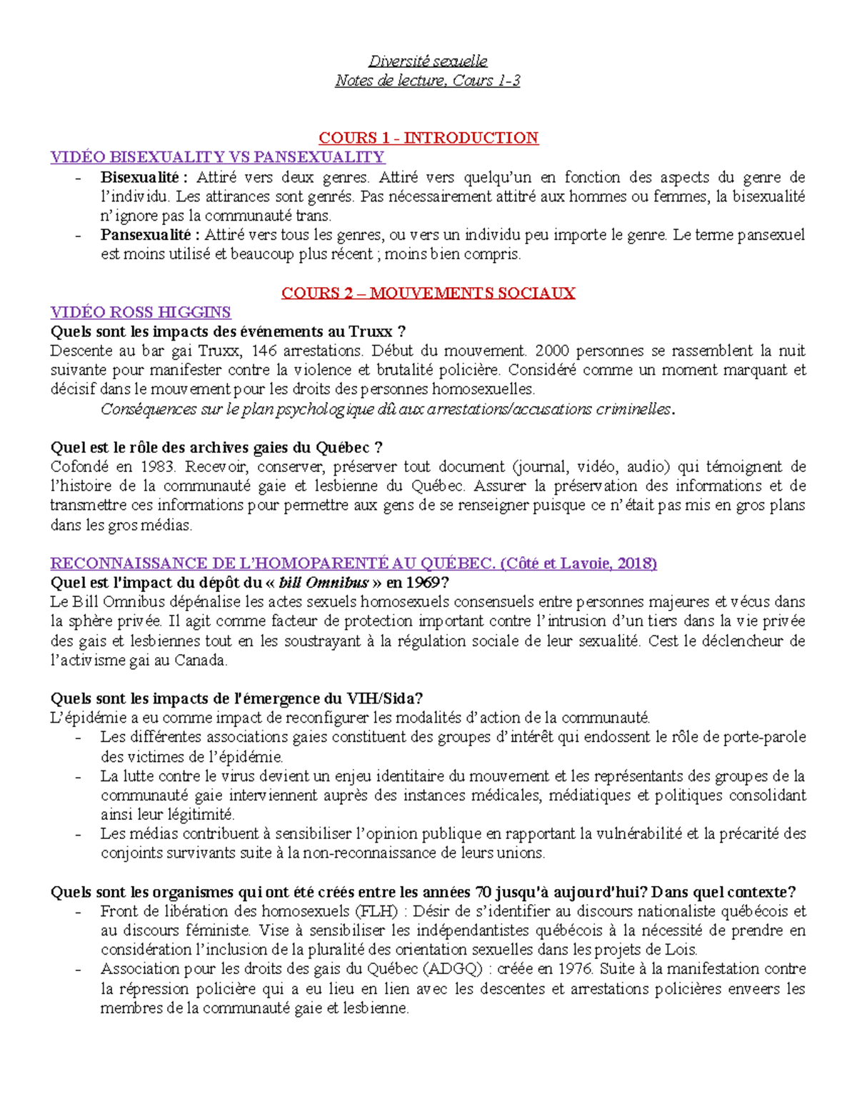 Notes De Lectures Cours 1 3 Diversité Sexuelle Notes De Lecture