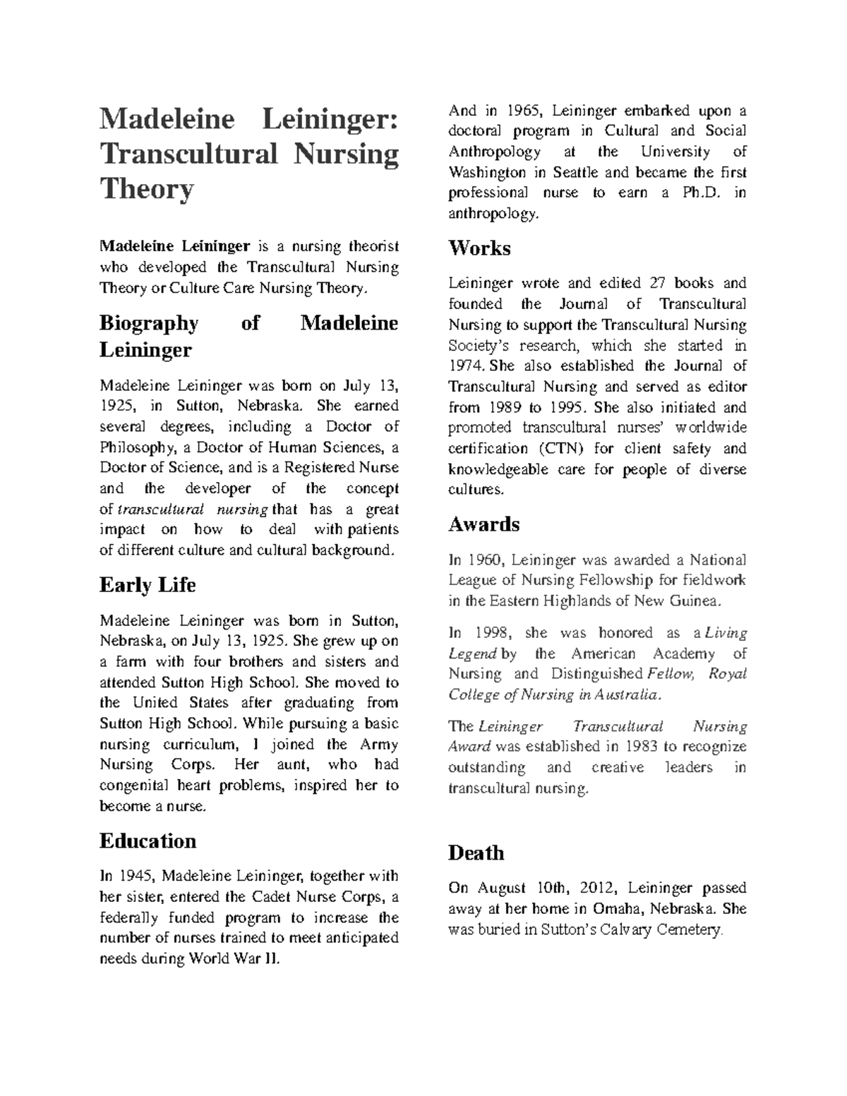 Madeleine- Transcultural Nursing Theory - Madeleine Leininger