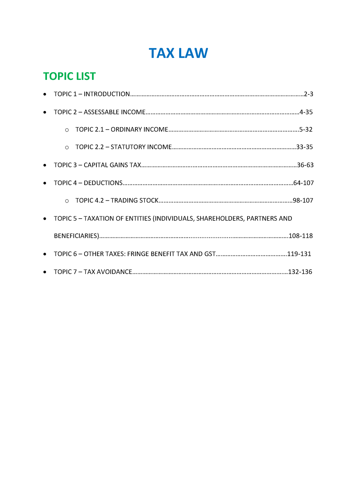 Overview of course content Trimester 1 2021 TAX LAW • TOPIC 1