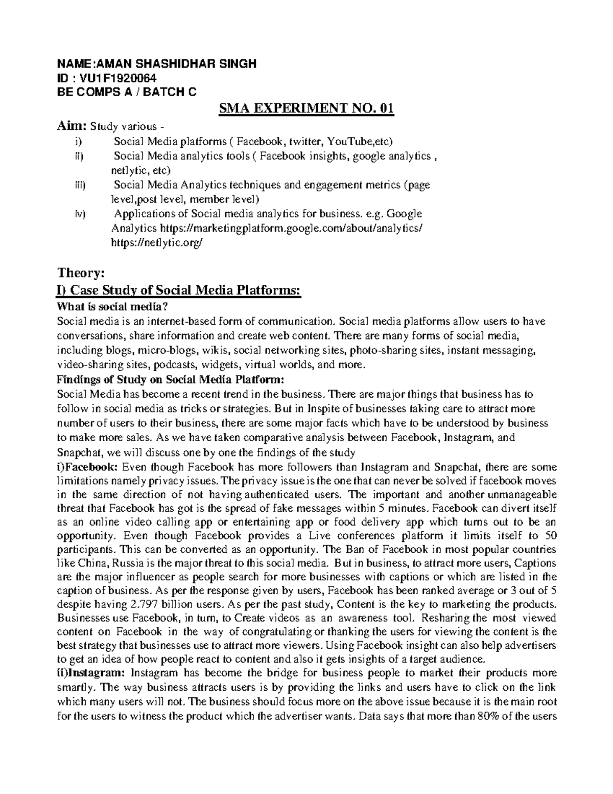 SMA case study practical NAMEAMAN SHASHIDHAR SINGH ID VU1F BE