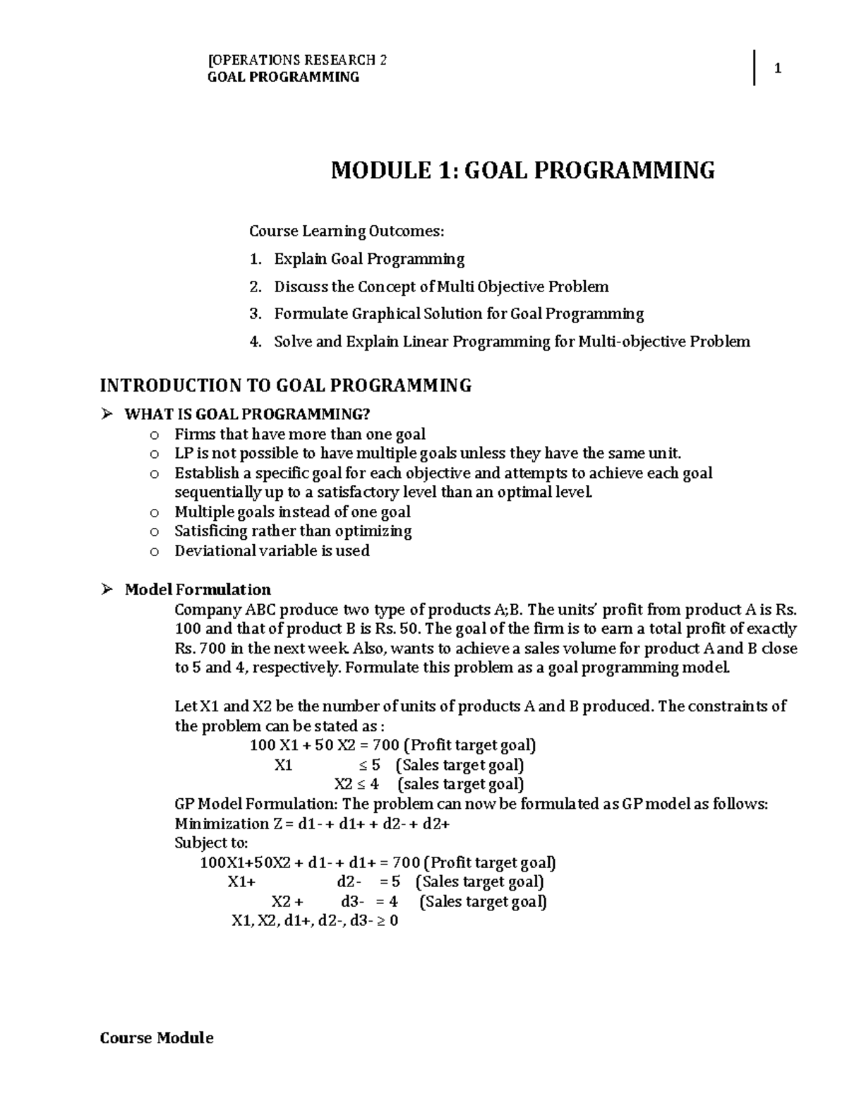 Module 1 - Goal Programming - [OPERATIONS RESEARCH 2 GOAL PROGRAMMING 1 ...