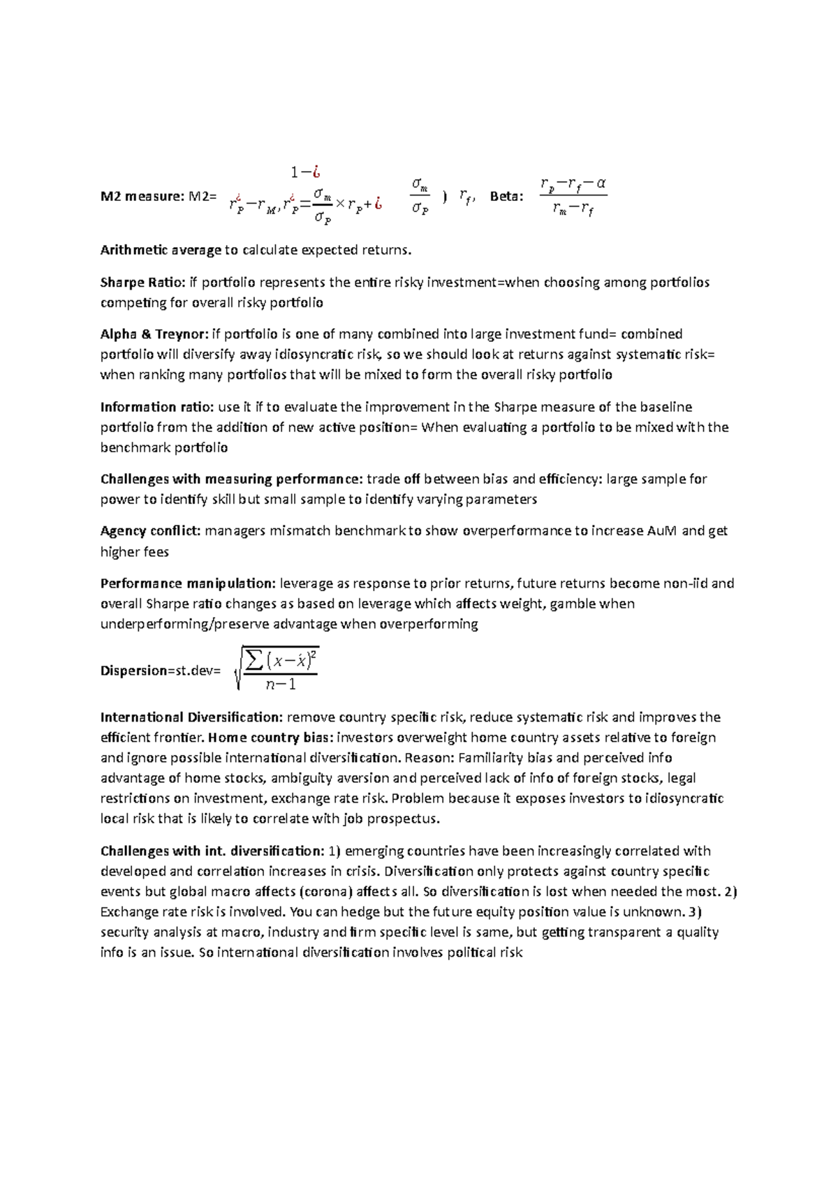 Summary of week 2 material - M2 measure : M2= 1 −¿ r ¿ P − rM,r ¿ P ...