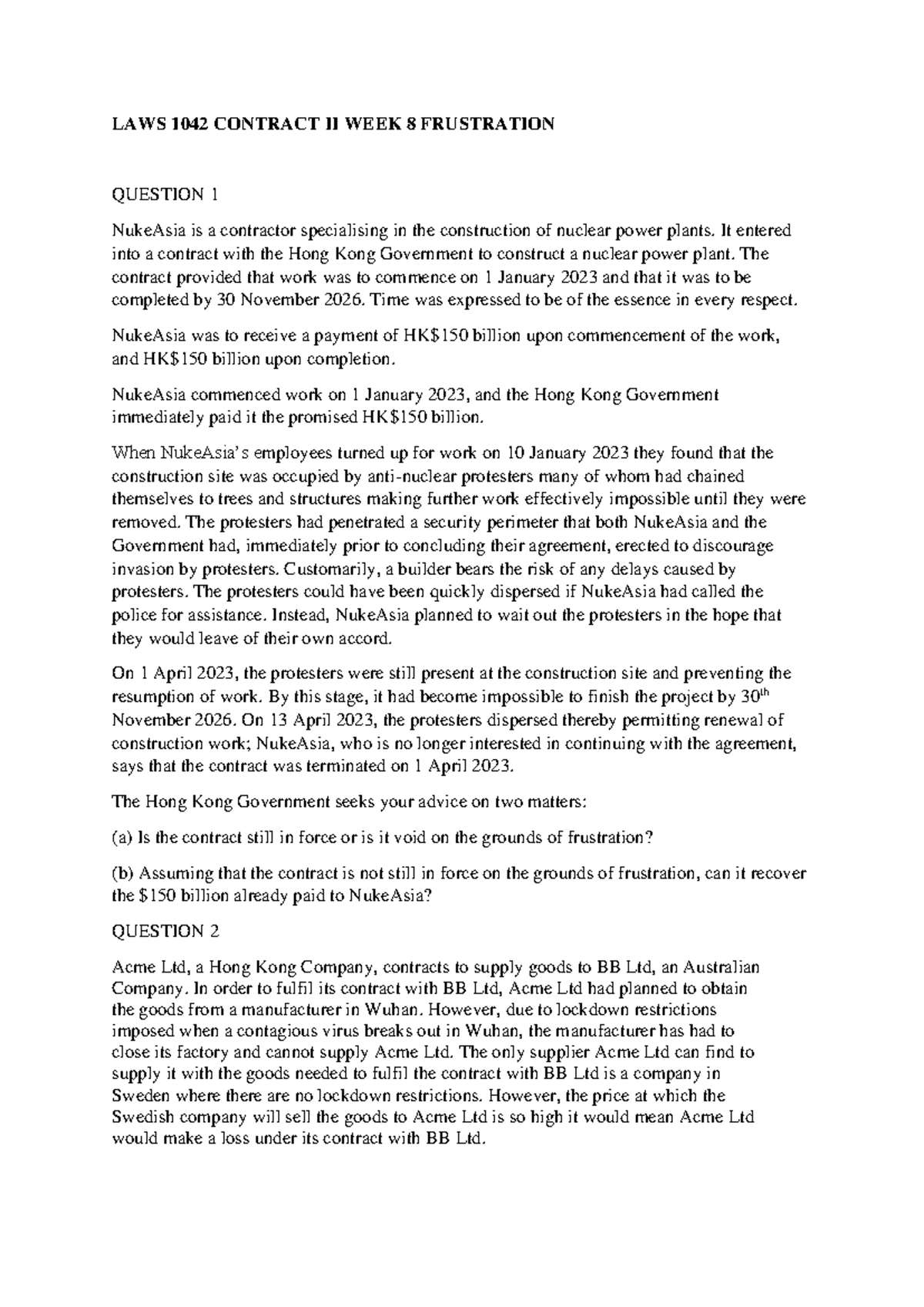 Tutorial Frustration 23 - LAWS 1042 CONTRACT II WEEK 8 FRUSTRATION ...