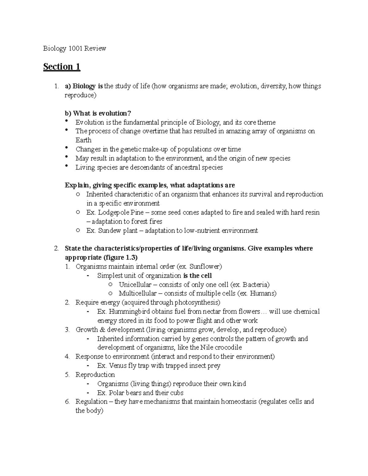 Biology 1001 Review (1) Pdf - Biology 1001 Review Section 1 A) Biology ...