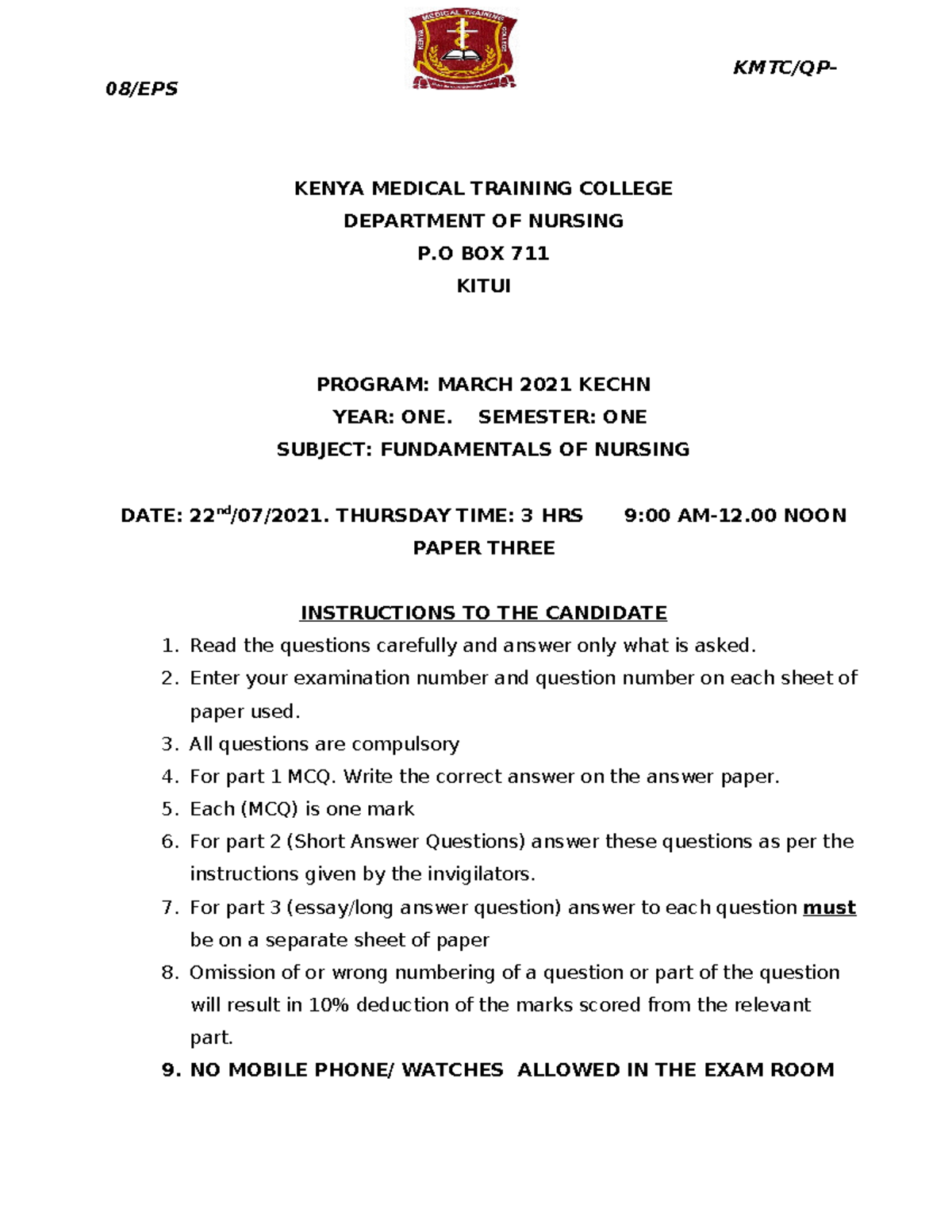 Fundamentals OF Nursing March 2020 - KMTC/QP- 08/EPS KENYA MEDICAL ...