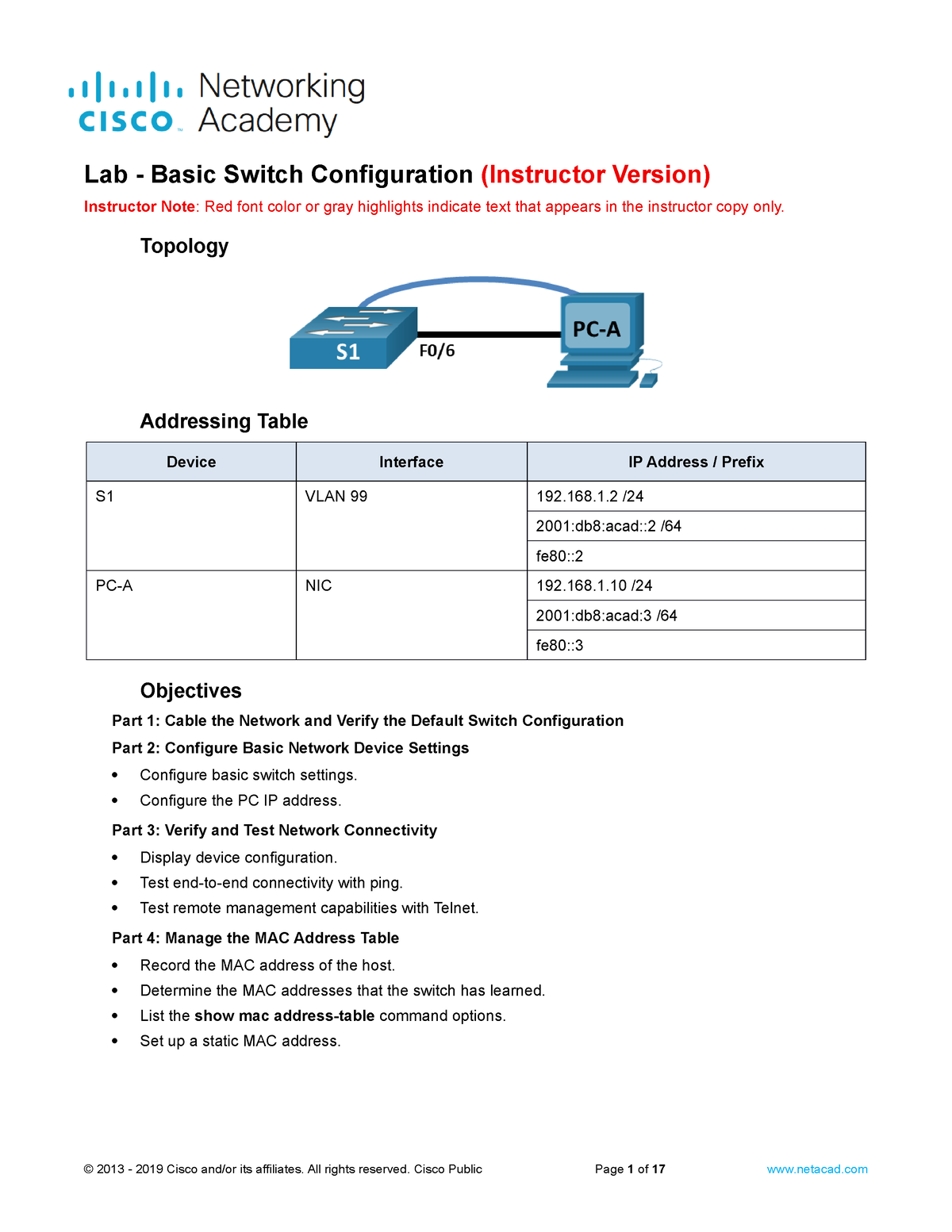 1.1.7 Lab - Basic Switch Configuration - ILM - Lab - Basic Switch ...