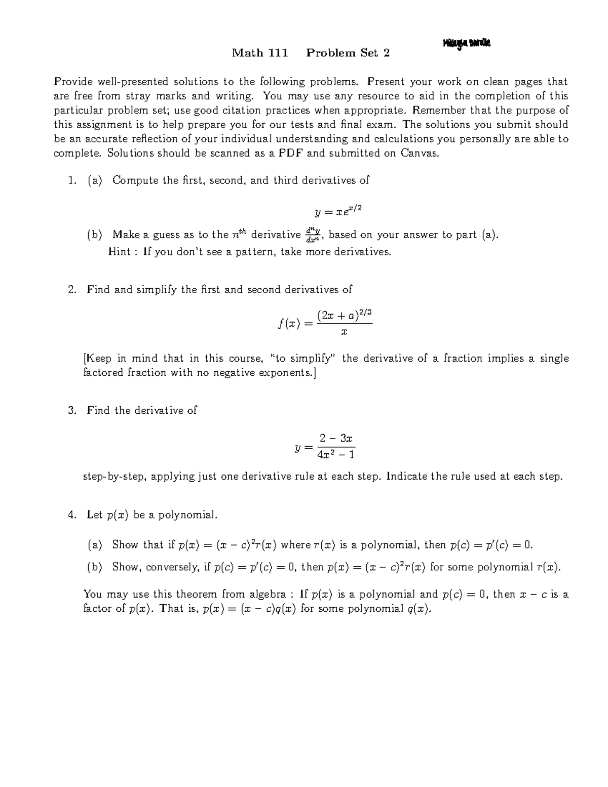 PS2 - problem set - Math 111 Problem Set 2 Provide well-presented ...