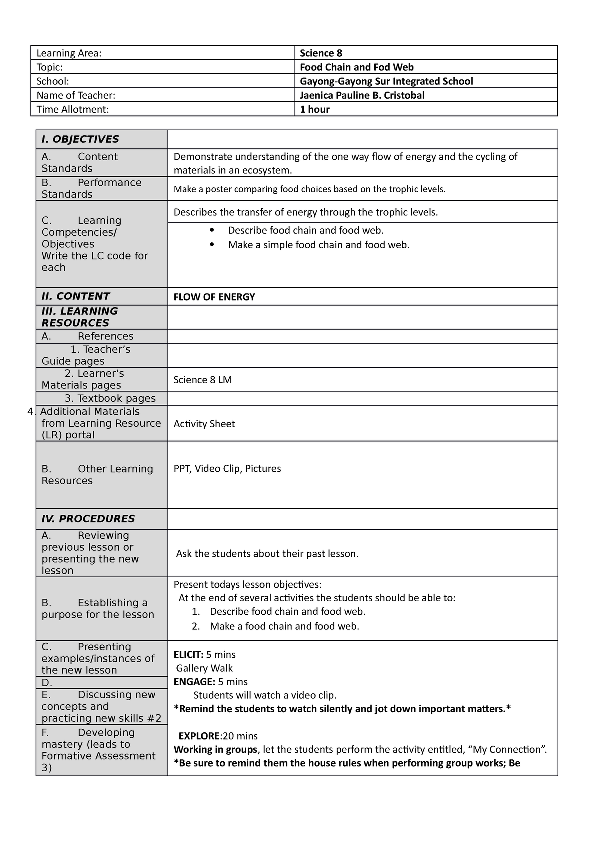 421014923 Dlp Science 8 Demo COT - Learning Area: Science 8 Topic: Food ...