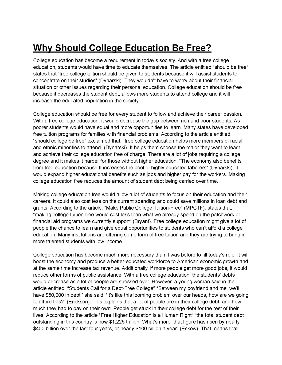 should college tuition be free essay