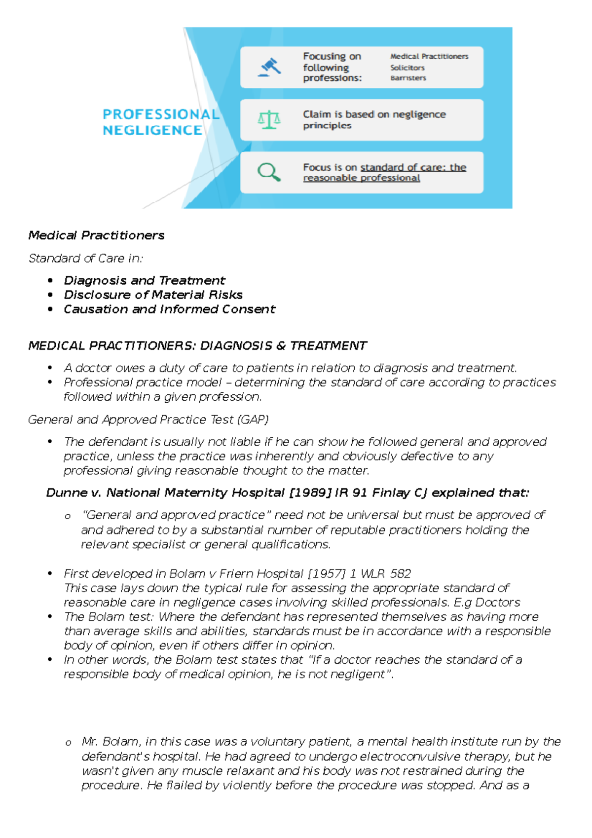 Law Of Torts Topic 5.1 LW151 - Medical Practitioners Standard Of Care ...