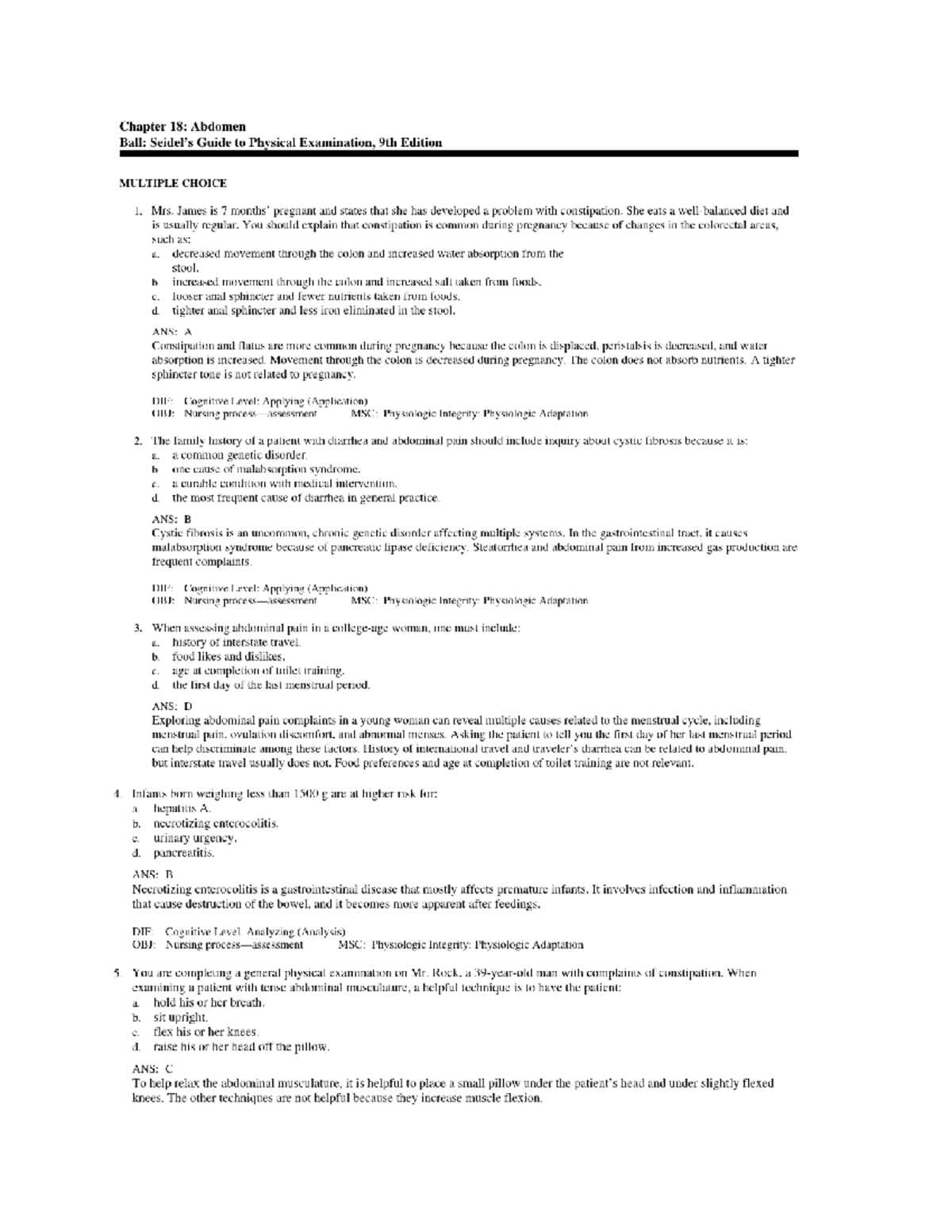 Ch 18 test bank - seidel 9th edition physical assessment - N318 - Studocu