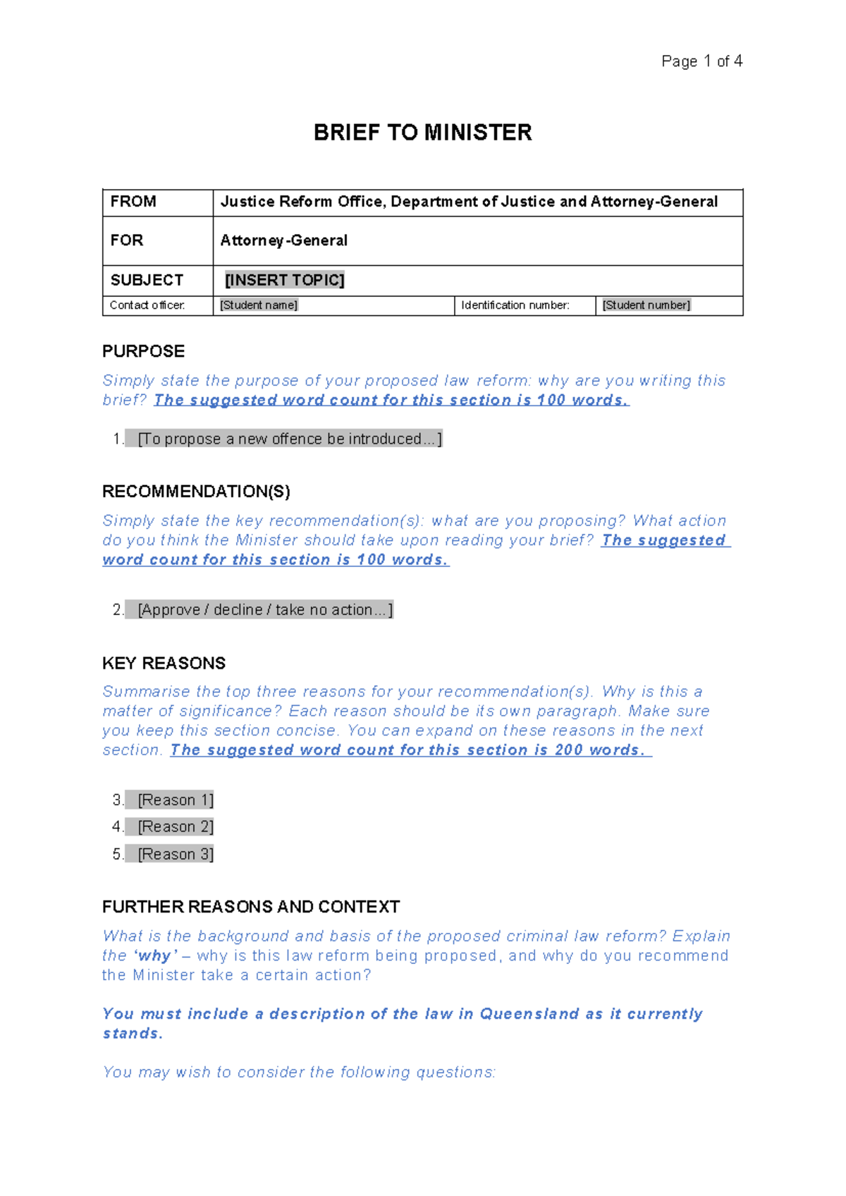 Ministerial Brief (2024) Template - Page 1 of 4 BRIEF TO MINISTER FROM ...