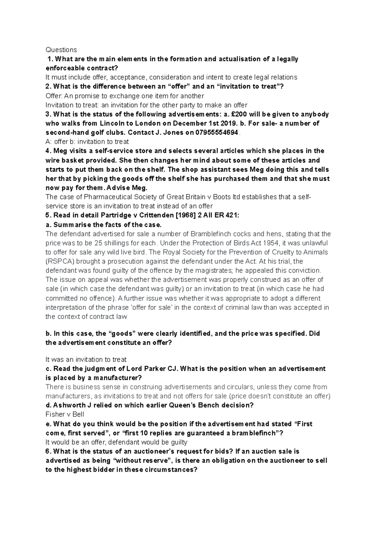 Contract Offer and Invitation to Treat Seminar Questions 1. What are