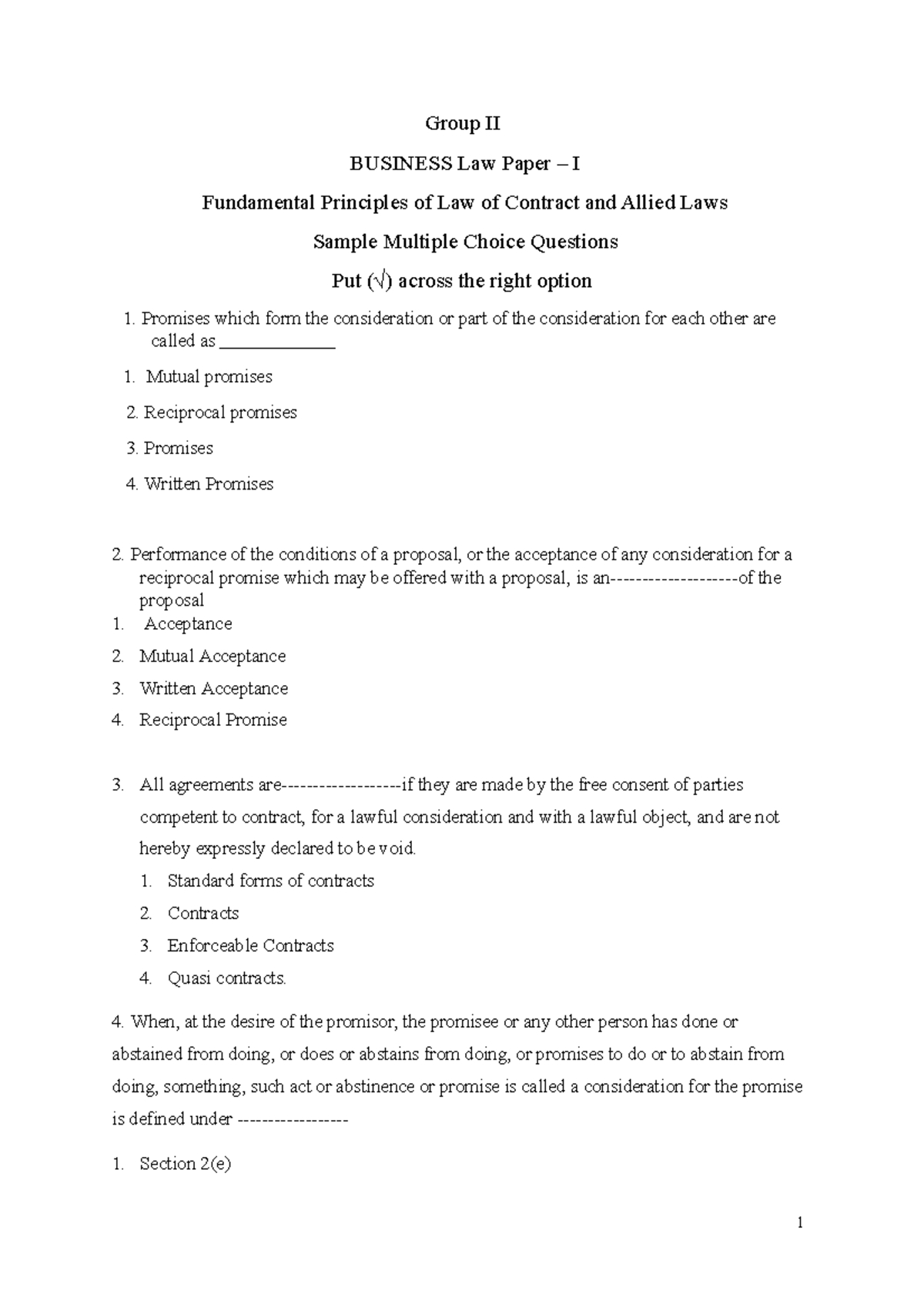 Sample Questions MCQS 2020 Group Ii Business Law - 1 Group II BUSINESS ...