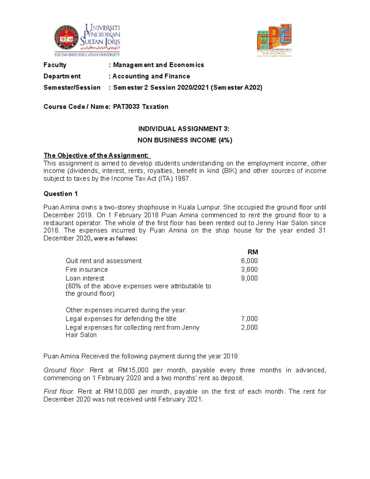 Individual Assignment 3 NON Business Income - Faculty : Management and