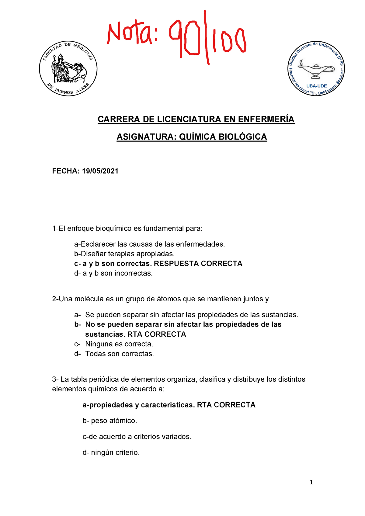 Primer Parcial De Química Biológica 2021 - CARRERA DE LICENCIATURA EN ...