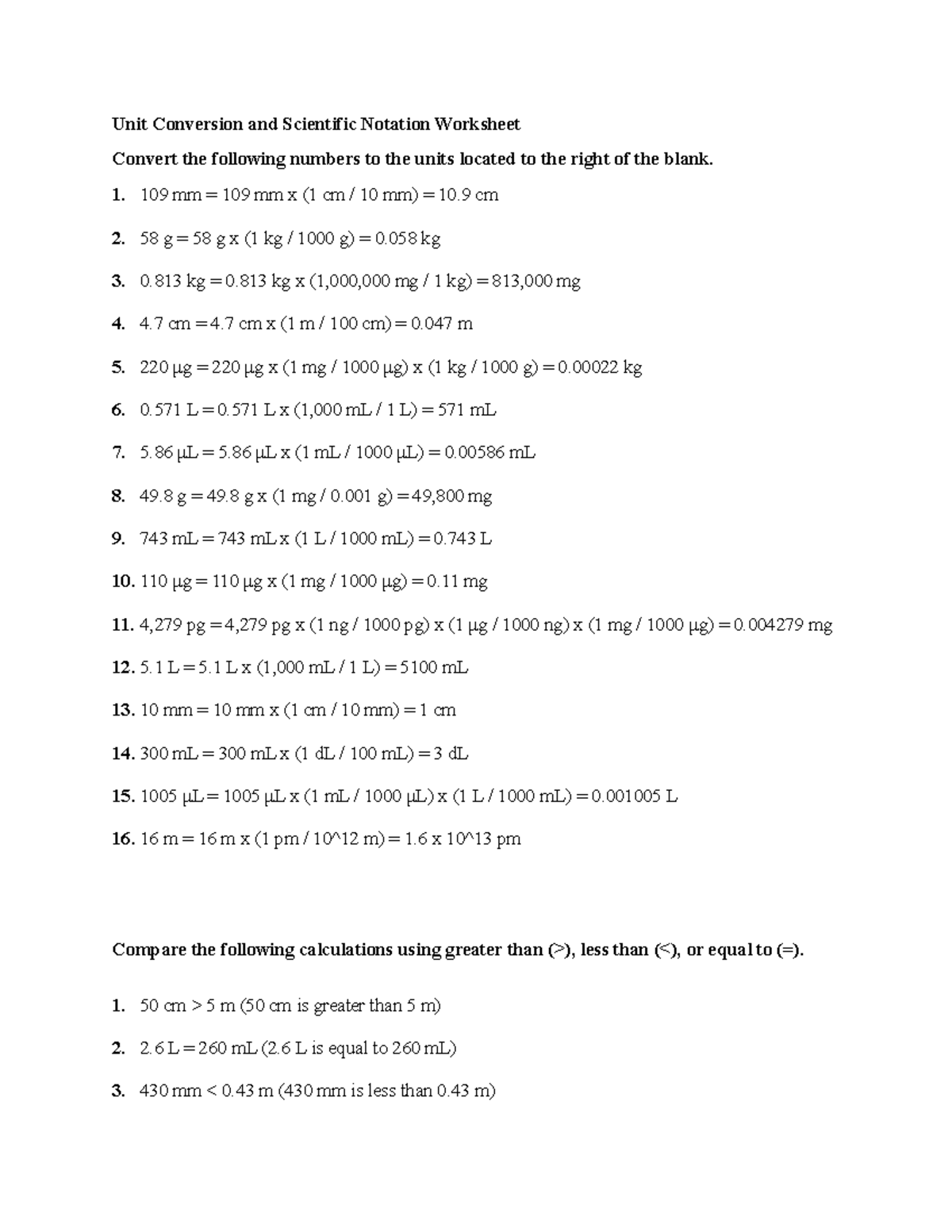 Unit Conversion and Scientific Notation Worksheet - 109 mm = 109 mm x ...