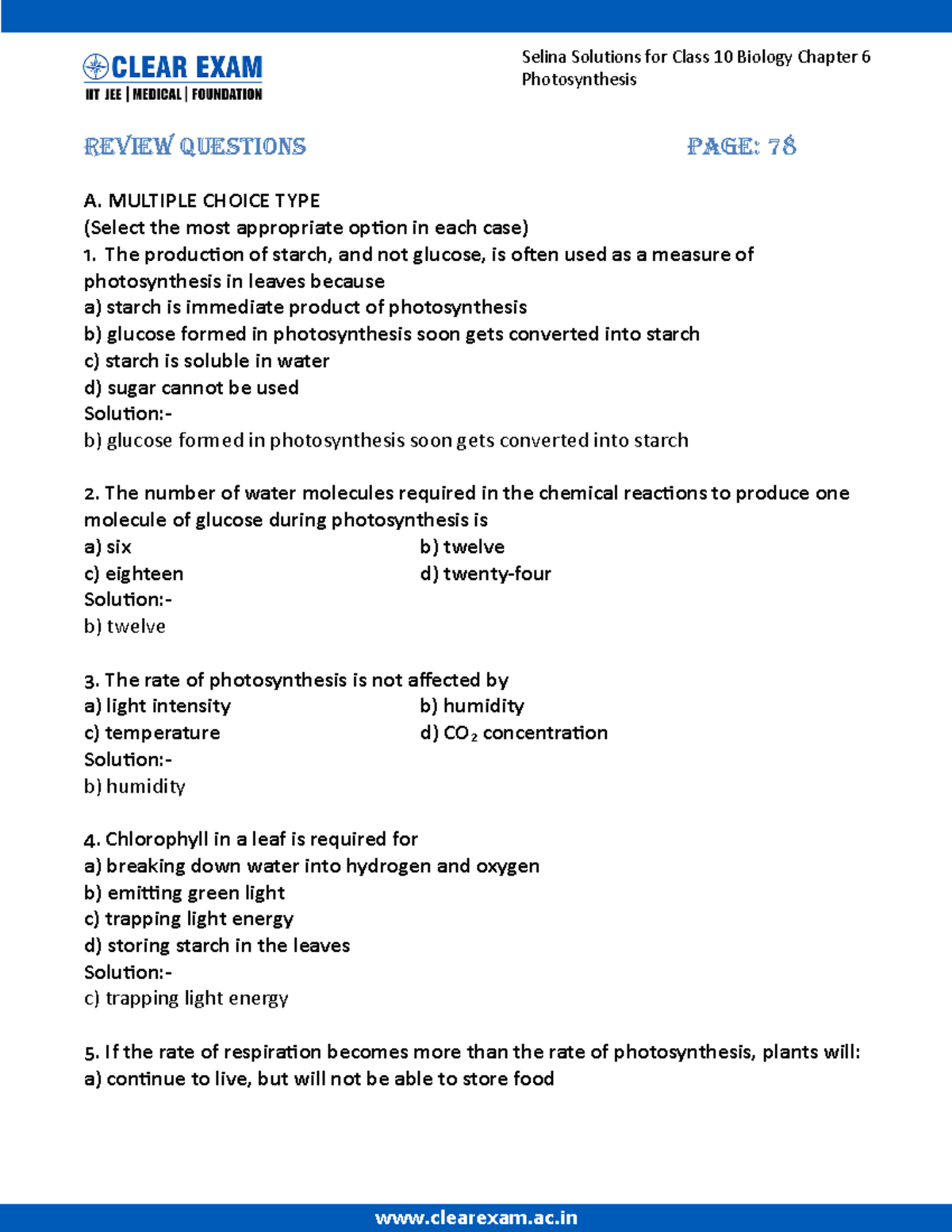 bioligy class 565 - Photosynthesis REVIEW QUESTIONS PAGE: 78 A ...