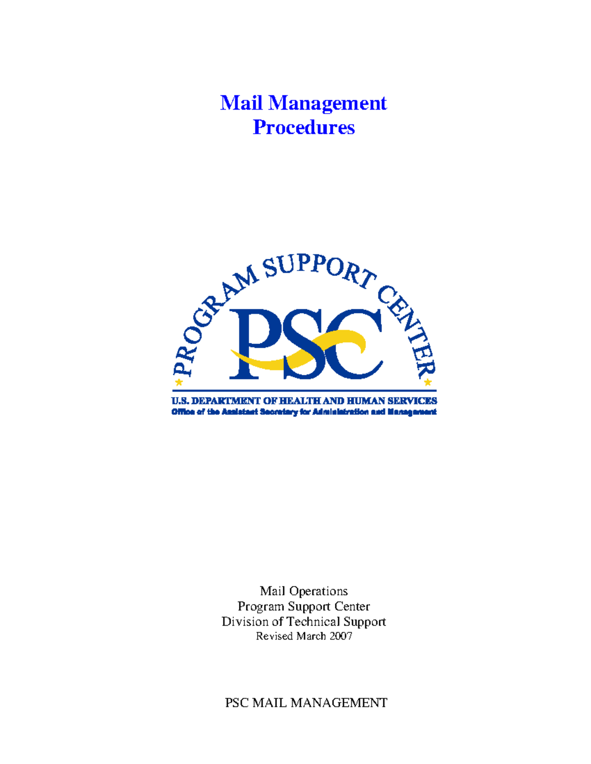 Mail Room Procedure Manual Mail Management Procedures Mail Operations Program Support Center