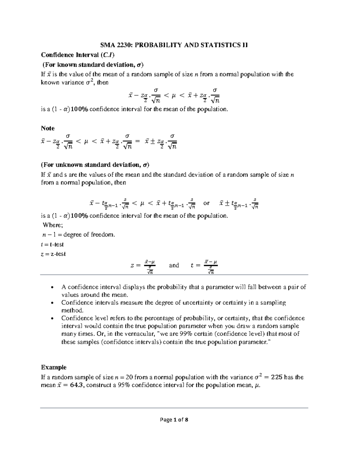SMA 2230 C.I and Chi-square notes 2 - SMA 2230: PROBABILITY AND ...
