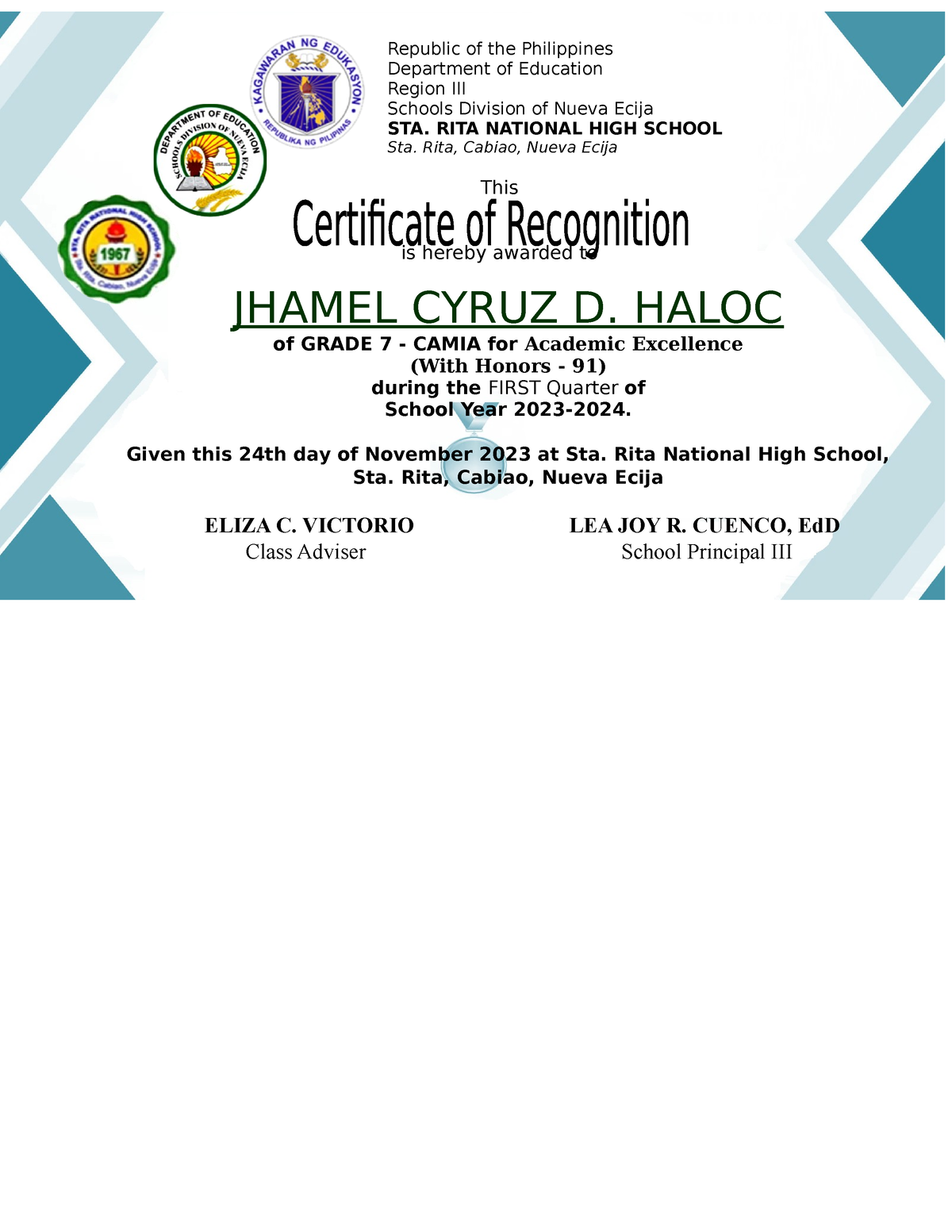 Certificate honor 11 fourth-quarter - LEAH D. GAPUZ LEA JOY R. CUENCO ...