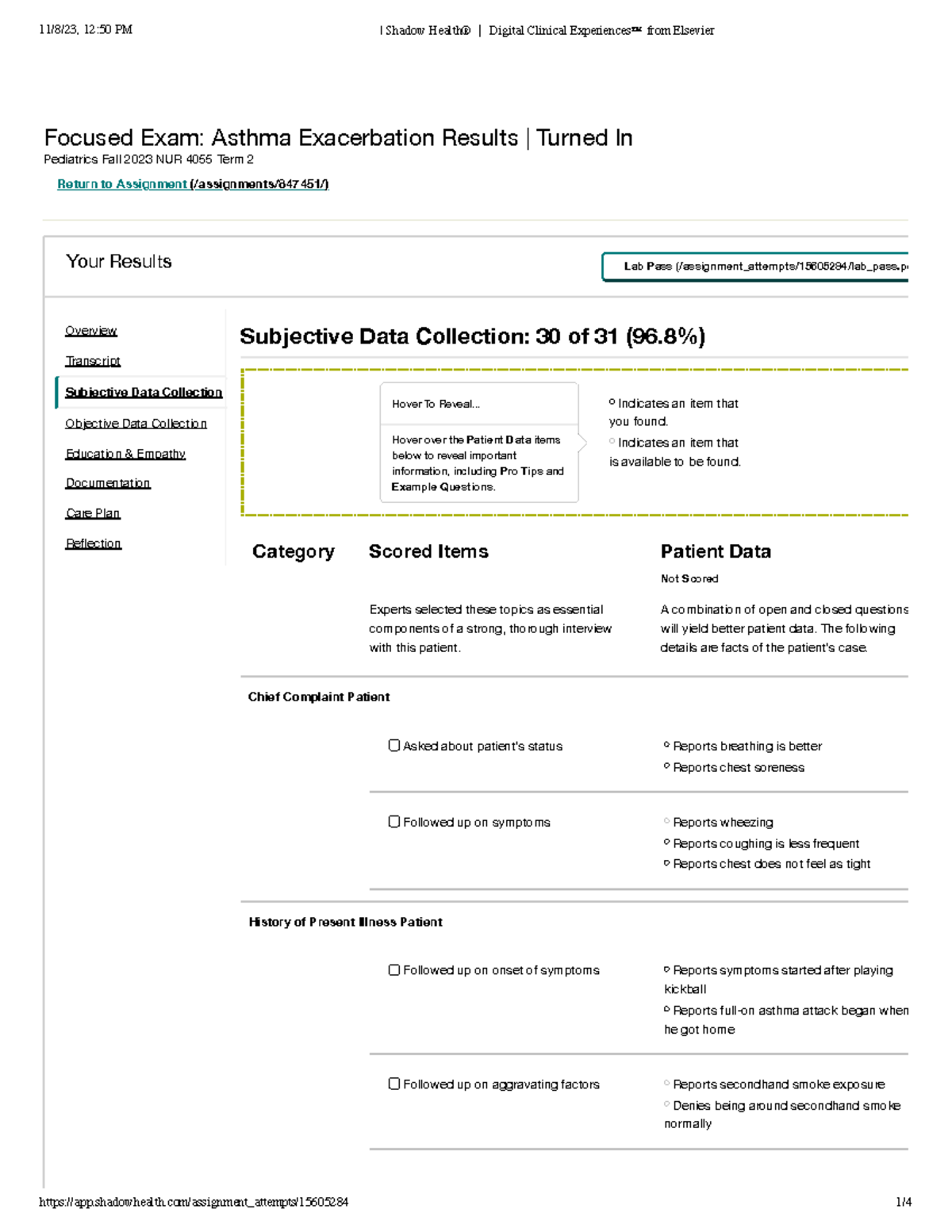 Shadow Health Asthma Subjective Focused Exam Asthma Exacerbation