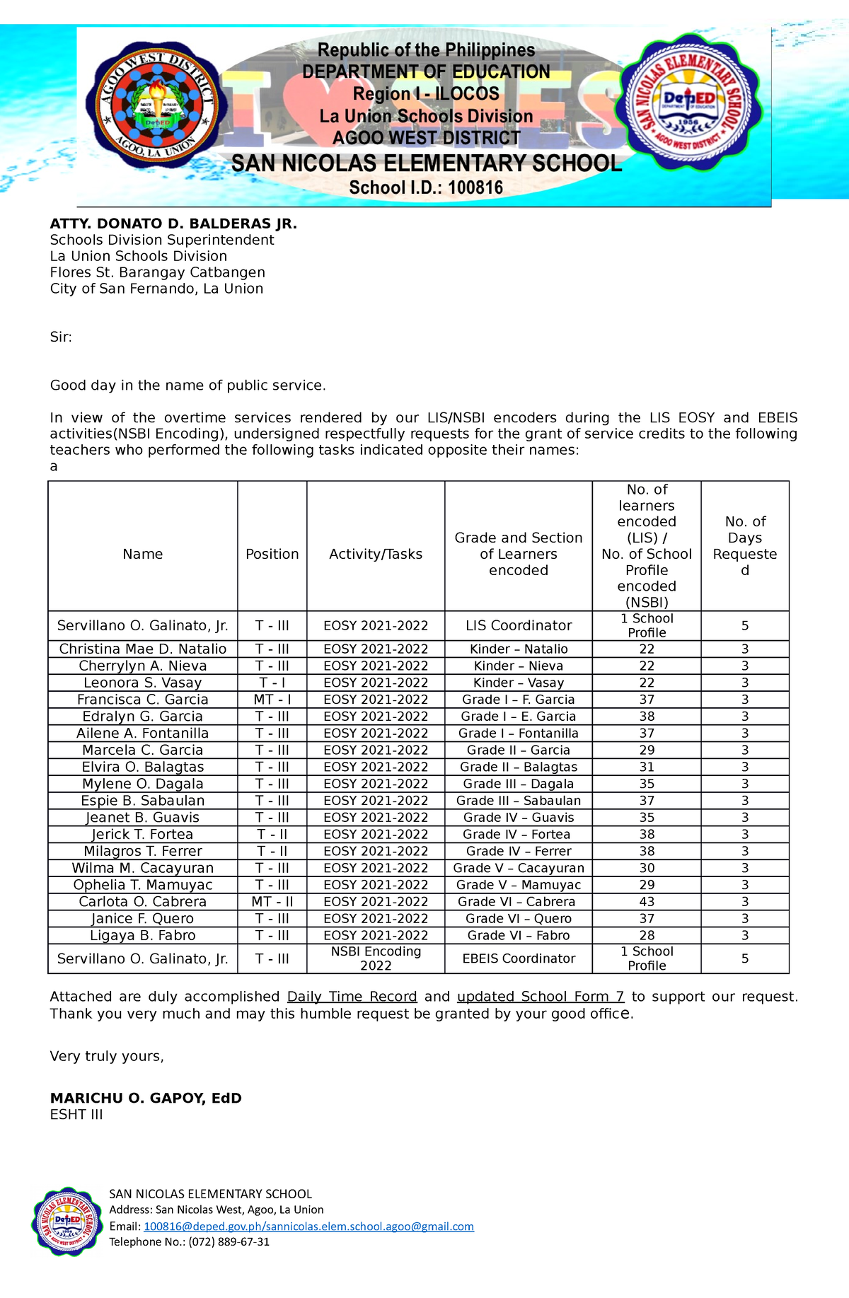 SNES LIS Request Of Service Credits 2022 ATTY DONATO D BALDERAS JR 