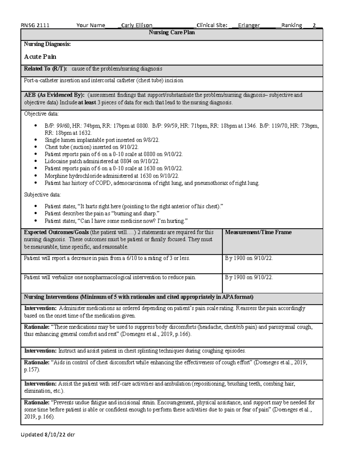 Acute Pain - Care Plan - RNSG 2111 Your Name_____Carly Ellison ...