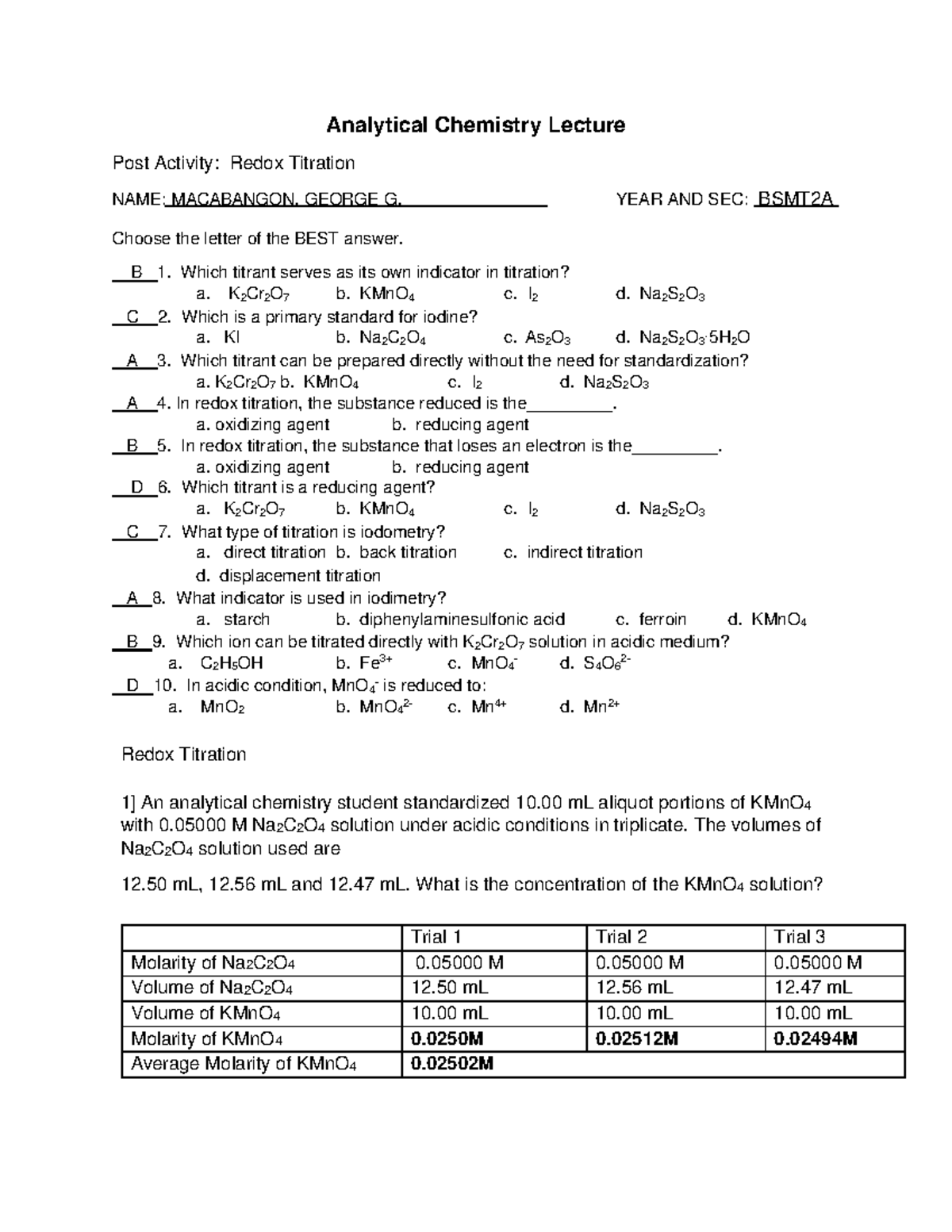 Chem LecRedox Titration Chemistry Studocu