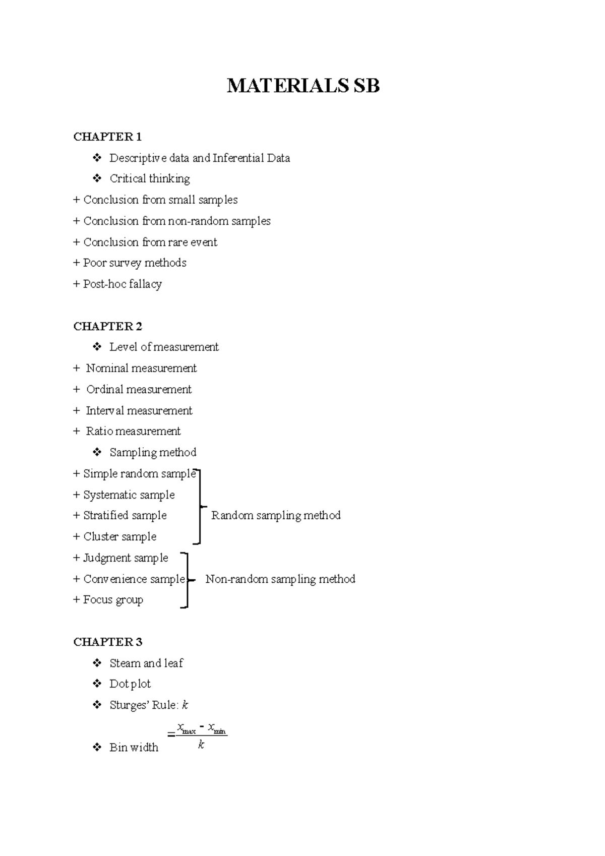 Tổng hợp công thức SB. MATERIALS SB CHAPTER 1 Descriptive data and