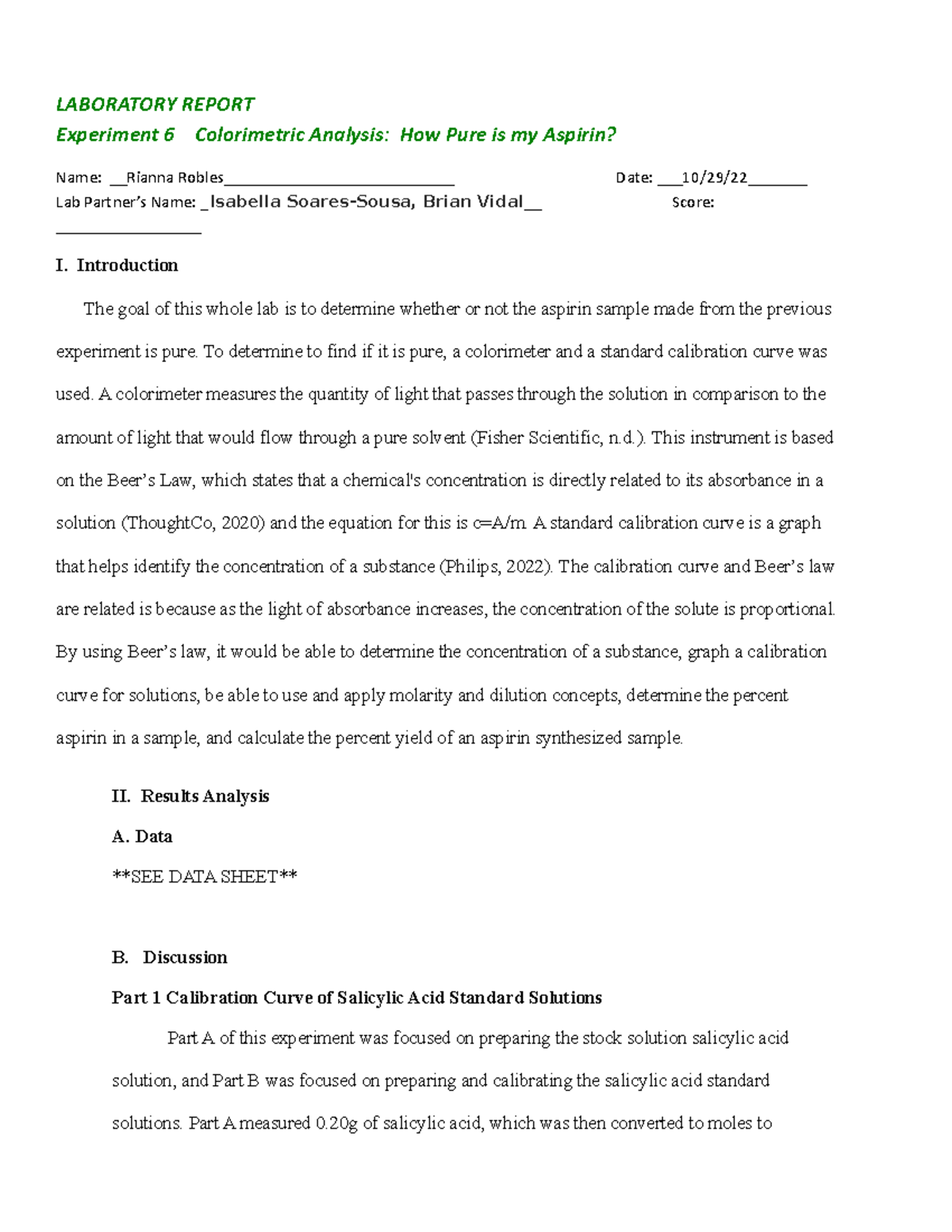 Laboratory Report lab 6 LABORATORY REPORT Experiment 6 Colorimetric Analysis How Pure is