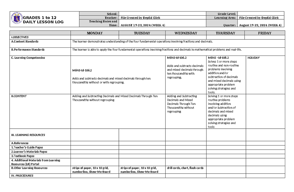 DLL Mathematics 6 Q1 W4 - Daily Lesson Log - GRADES 1 to 12 DAILY ...